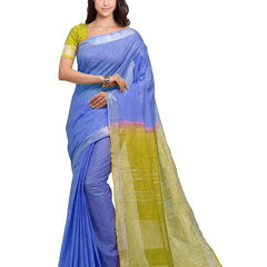 Neon Blue & Pear Green women's Bhagalpuri Handloom Linen Cotton Blend Two Dye Saree With Running Unstitched Blouse Piece