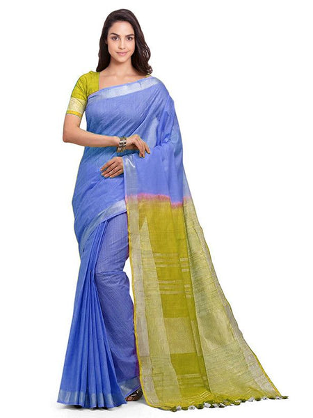 Neon Blue & Pear Green women's Bhagalpuri Handloom Linen Cotton Blend Two Dye Saree With Running Unstitched Blouse Piece
