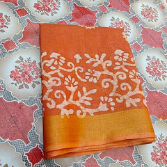 Linen Cotton Blend Handloom Batik Print Saree (GLBR_Gold-Dusty_Orange) - View 4