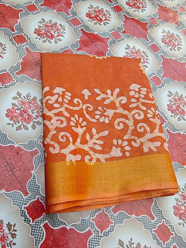 Linen Cotton Blend Handloom Batik Print Saree (GLBR_Gold-Dusty_Orange) - View 4