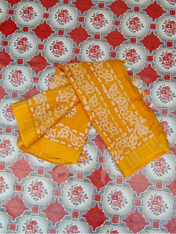 Linen Cotton Blend Handloom Batik Print Saree (GLBR_Gold-Gamboge_Yellow) - View 6