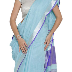 Photo Blue-Blue women's Bhagalpuri Handloom Cotton Linen Blend Contrast Pallu Saree And Unstitched Contrast Blouse Piece - View 3