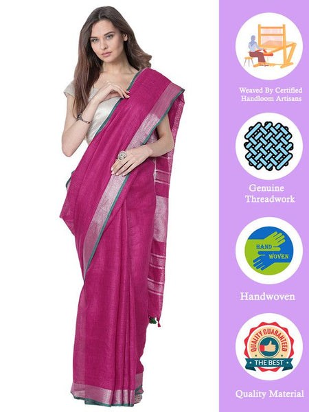 Wild Strawberry Pink women's Bhagalpuri Handloom Cotton Linen Blend Saree With Contrast Unstiched Blouse Piece - View 2