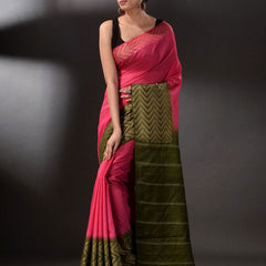 Bhagalpuri Semi Tussar Silk Handloom Two Dye Saree (Poppy_Pink & Thatchy_Green) - View 2