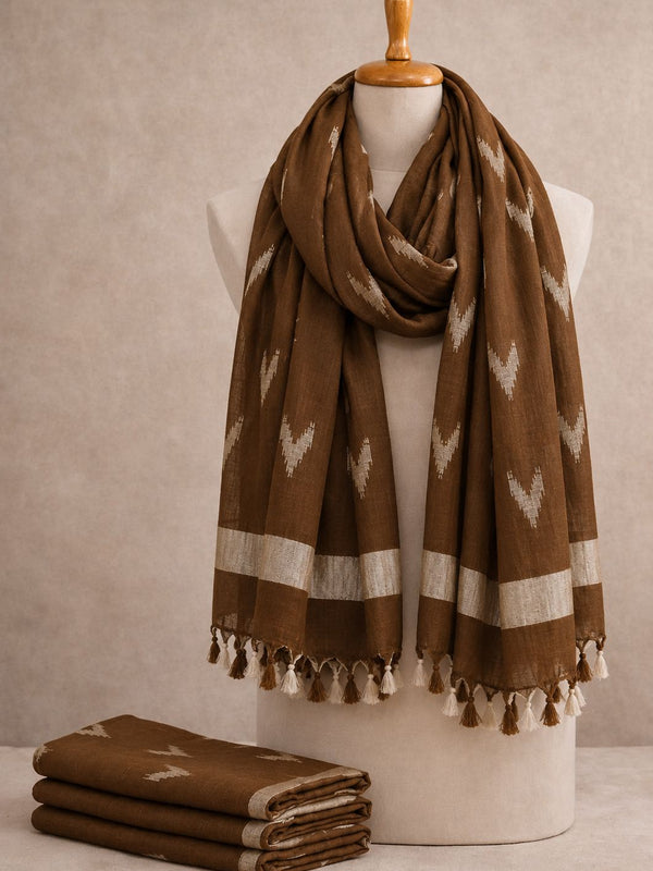 Linen Cotton Blend Zari Weaving Handloom Ikkat Dupatta (12008 Brown)