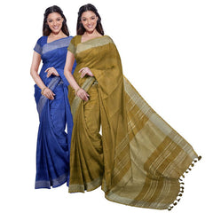 Cobalt Blue & Olive Green women's Bhagalpuri Handloom Cotton-Linen Blend Saree Combo (Pack Of 2) With Running Unstiched Blouse Piece
