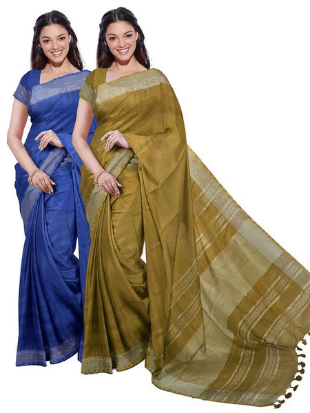 Cobalt Blue & Olive Green women's Bhagalpuri Handloom Cotton-Linen Blend Saree Combo (Pack Of 2) With Running Unstiched Blouse Piece