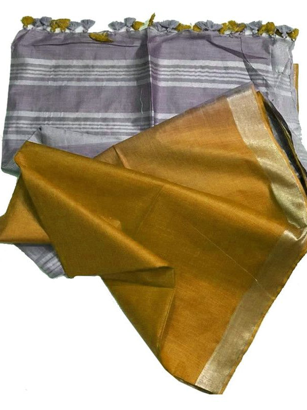 Golden Brown & Grey women's Ethnic Wear Bhagalpuri Handloom Linen Blend Two Dye Saree With Running Unstitched Blouse Piece - View 3