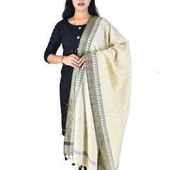 Handloom Linen Natural Textured Color Temple Border Dupatta (Black)