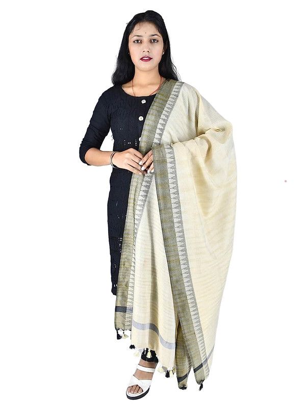 Handloom Linen Natural Textured Color Temple Border Dupatta (Black)