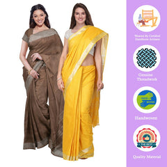 Brown & Yellow women's Bhagalpuri Handloom Cotton-Linen Blend Saree Combo (Pack Of 2) With Running Unstiched Blouse Piece - View 2