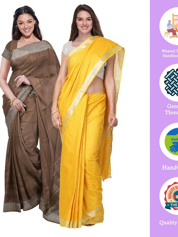 Brown & Yellow women's Bhagalpuri Handloom Cotton-Linen Blend Saree Combo (Pack Of 2) With Running Unstiched Blouse Piece - View 2