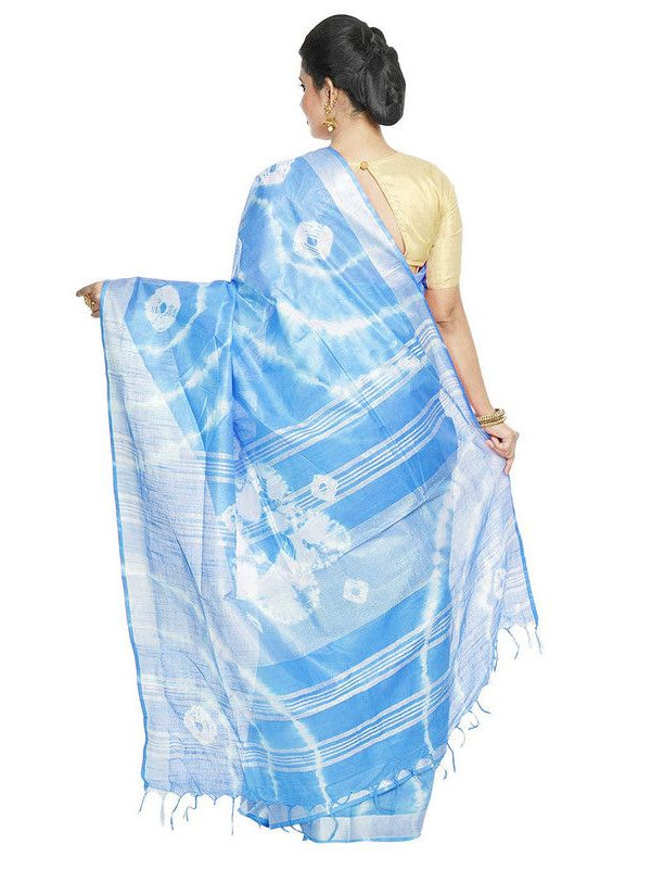 Capri Cyan women's Bhagalpuri Handloom Linen Blend Tie-Dye (Sibory Dye) Saree With Running Unstiched Blouse Piece - View 3