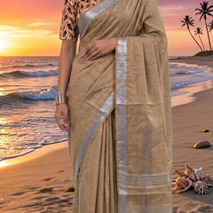Handwoven Linen Blend Saree With Running Blouse Piece(Beige) - View 3