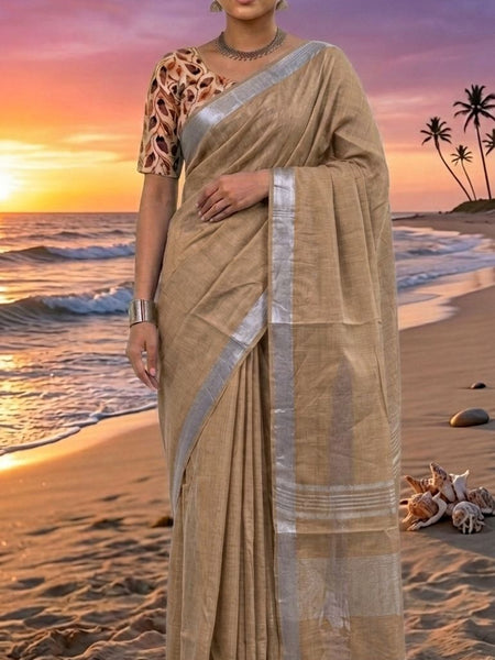 Handwoven Linen Blend Saree With Running Blouse Piece(Beige) - View 3