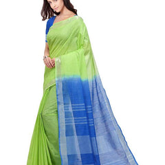 Green & Cyan women's Bhagalpuri Handloom Linen Slub Blend Two Dye Saree With Running Unstitched Blouse Piece - View 3