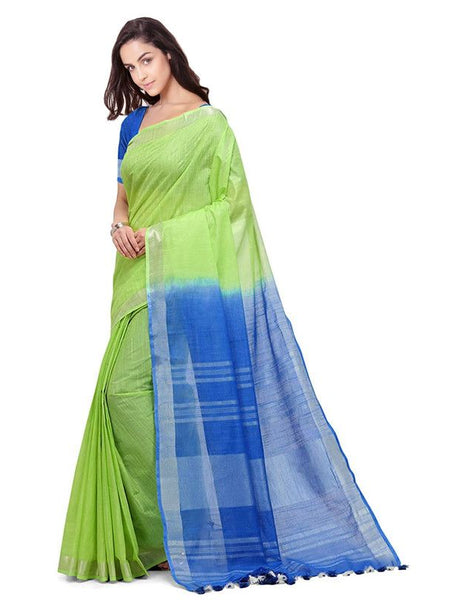 Green & Cyan women's Bhagalpuri Handloom Linen Slub Blend Two Dye Saree With Running Unstitched Blouse Piece - View 3