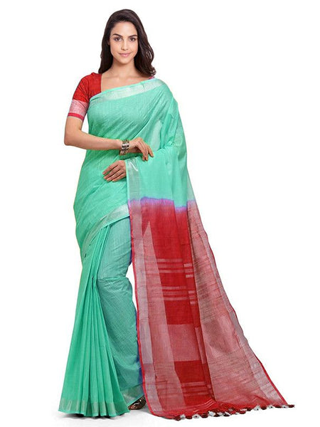 Aquamarine Turquoise & Red women's Bhagalpuri Handloom Linen Slub Blend Two Dye Saree With Running Unstitched Blouse Piece - View 2