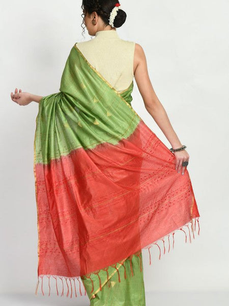 Two Dye Handloom Bhagalpuri Striped Semi Tussar Silk Temple Motif Saree (Olivine_Green & Tereracota_Red) - View 4