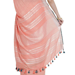 Coral Pink women's Bhagalpuri Handloom Cotton Linen Blend Saree With Contrast Unstiched Blouse Piece - View 6