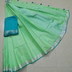 Light Green-Cyan women's Handloom Bhagalpuri Linen Cotton Blend Saree Ethnic Wear With Contrast Unstitched Blouse Piece - View 3