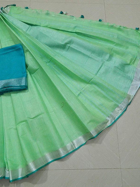 Light Green-Cyan women's Handloom Bhagalpuri Linen Cotton Blend Saree Ethnic Wear With Contrast Unstitched Blouse Piece - View 3