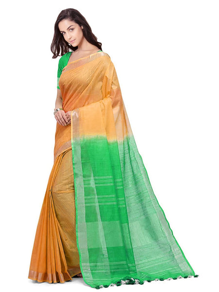 Orange & Honeydew Green women's Bhagalpuri Handloom Linen Cotton Blend Two Dye Saree With Running Unstitched Blouse Piece - View 2