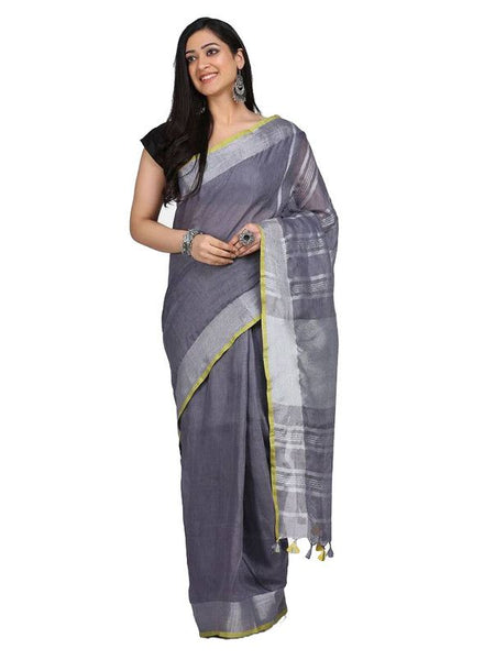 Linen Cotton Blend Contrast Handloom Bhagalpuri Saree (Grey-Yellow)