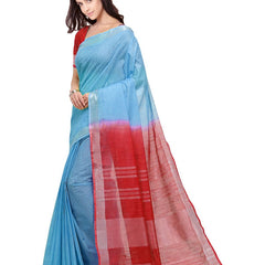 Electric Blue & Red women's Handloom Bhagalpuri Cotton Slub Blend Two Dye Saree With Running Unstitched Blouse Piece - View 2