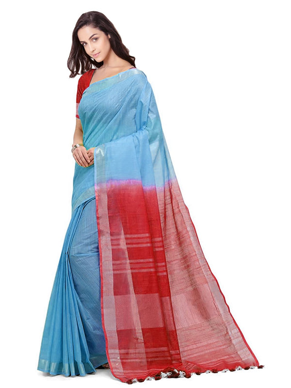 Electric Blue & Red women's Handloom Bhagalpuri Cotton Slub Blend Two Dye Saree With Running Unstitched Blouse Piece - View 2