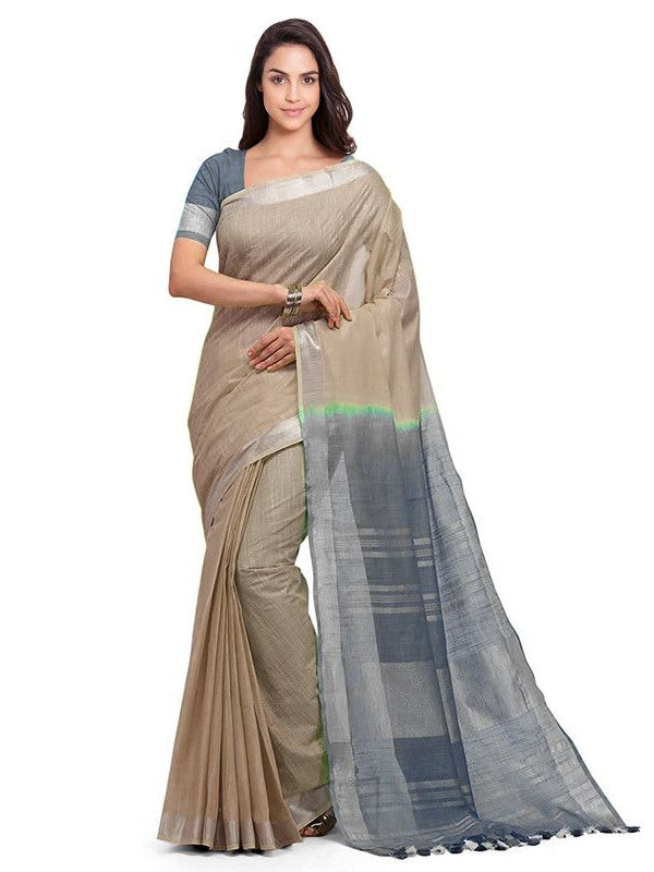 Bhagalpuri Handloom Ethnic Wear Linen Two Dye Saree With Running Unstitched Blouse Piece