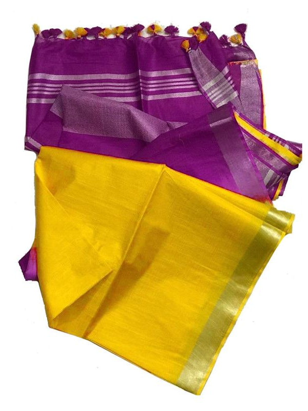 Mardi Purple & Yellow Bhagalpuri women's Ethnic Wear Handloom Linen Cotton Blend Zari Border Two Dye Saree With Running Unstitched Blouse Piece - View 2