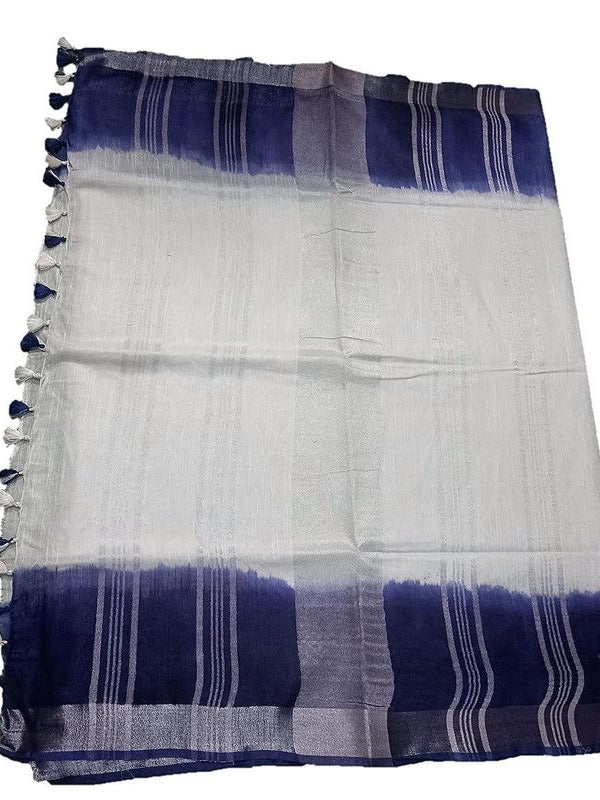 Blue women's Handloom Bhagalpuri Linen Cotton Slub Blend Two Sided Two Dye Saree Running Unstitched Blouse Piece - View 5