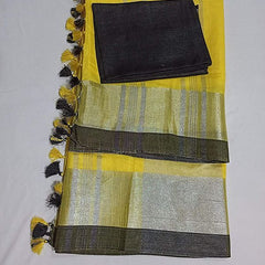 Yellow Bhagalpuri Handloom women's Linen Slub Blend Saree With Black Pipin Contrast Blouse Piece - View 5