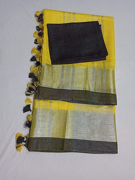Yellow Bhagalpuri Handloom women's Linen Slub Blend Saree With Black Pipin Contrast Blouse Piece - View 5