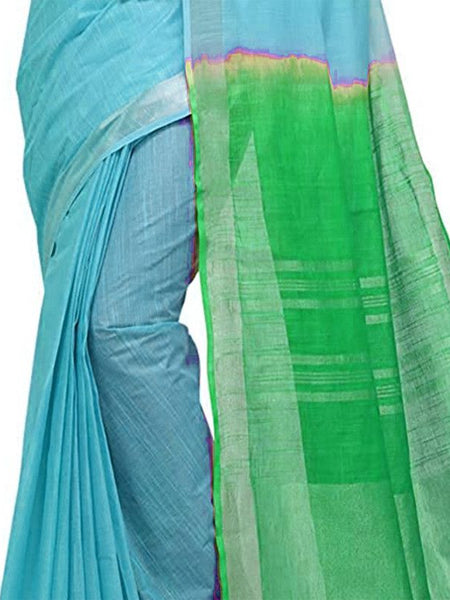 Cyan & Honerdew Green women's Bhagalpuri Handloom Linen Slub Blend Two Dye Saree With Running Unstitched Blouse Piece - View 4