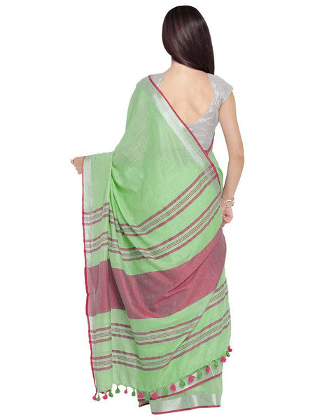 Light Green-Pink women's Bhagalpuri Handloom Cotton Linen Blend Contrast Pallu Saree And Unstitched Contrast Blouse Piece - View 4