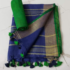 Handloom Bhagalpuri Linen Cotton Blend Contrast Border Saree for Women (12624 Gold-Duke_Blue-Green)