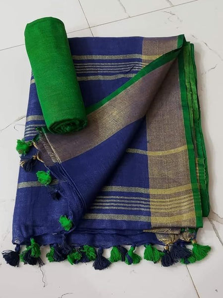 Handloom Bhagalpuri Linen Cotton Blend Contrast Border Saree for Women (12624 Gold-Duke_Blue-Green)