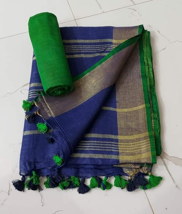 Handloom Bhagalpuri Linen Cotton Blend Contrast Border Saree for Women (12624 Gold-Duke_Blue-Green)