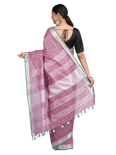 Handloom Bhagalpuri Linen-Cotton Saree With Contrast Blouse Piece - View 3