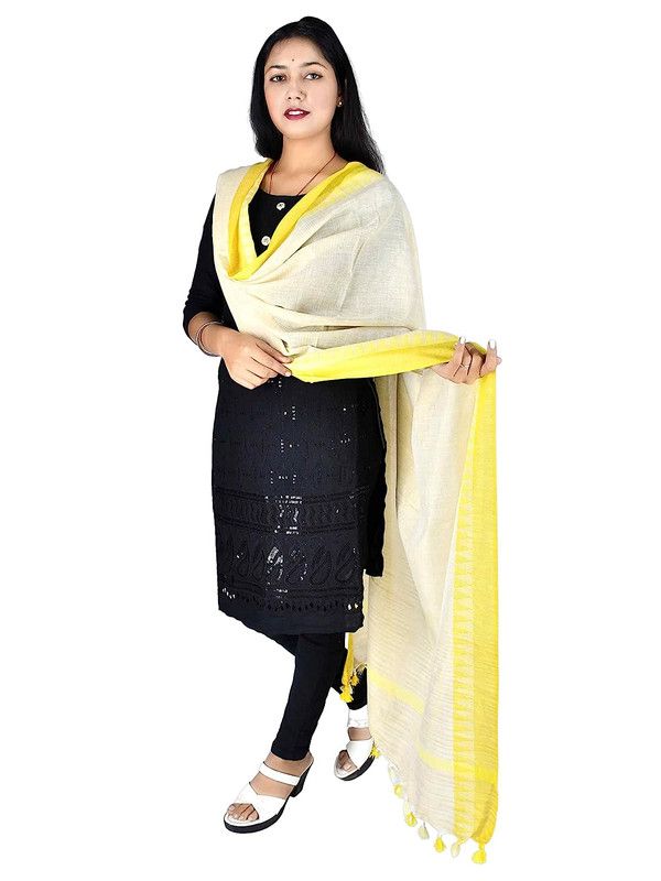 Temple Border Handloom Linen Bhagalpuri Dupatta (Canary Yellow) - View 3