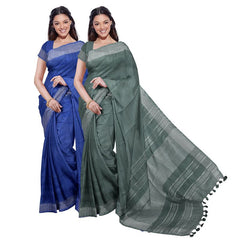 Bhagalpuri Handloom Cotton-Linen Blend Saree Combo (Pack Of 2) With Running Unstiched Blouse Piece