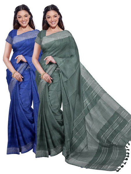 Bhagalpuri Handloom Cotton-Linen Blend Saree Combo (Pack Of 2) With Running Unstiched Blouse Piece
