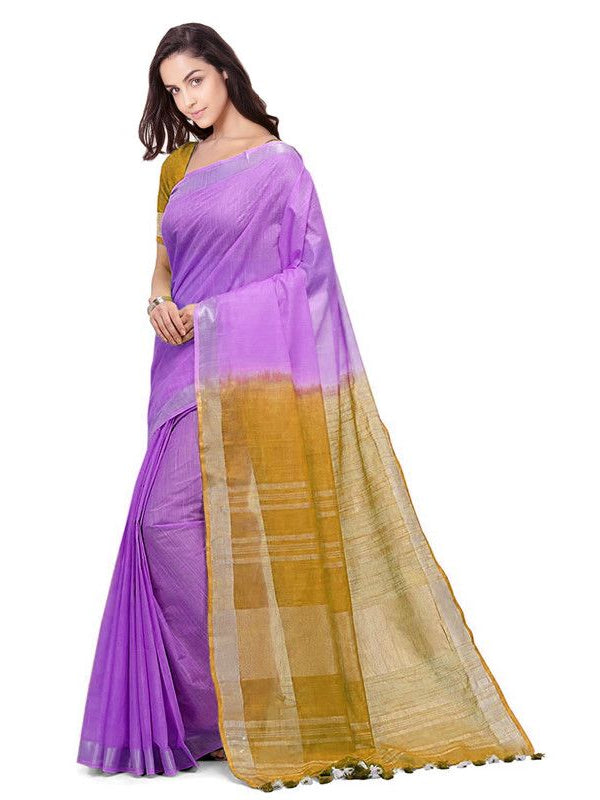 Lilac Purple & Golden Brown women's Bhagalpuri Handloom Ethnic Wear Linen Two Dye Saree With Running Unstitched Blouse Piece - View 3