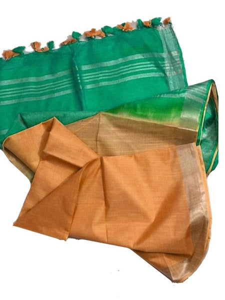 Mint Green & Sandy Orange Bhagalpuri women's Ethnic Wear Handloom Linen Cotton Blend Zari Border Two Dye Saree With Running Unstitched Blouse Piece - View 5