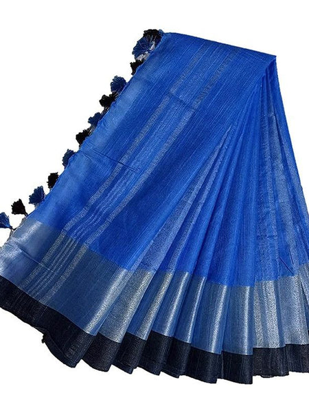 Bhagalpuri Handloom women's Linen Slub Blend Saree With Black Pipin Contrast Blouse Piece