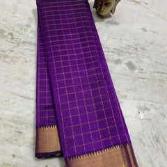 Cotton Silk Handloom Bhgalpuri Check Saree with Gold Zari Border with Blouse Piece for Women (100155 French_Purple)