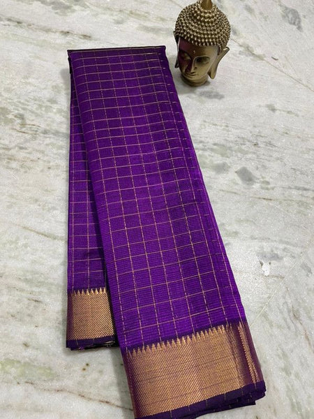 Cotton Silk Handloom Bhgalpuri Check Saree with Gold Zari Border with Blouse Piece for Women (100155 French_Purple)
