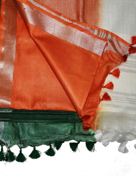 Republic Day / Independence Day Special Linen Cotton Blend Bhagalpuri Handloom Tricolor Flag Saree - View 4